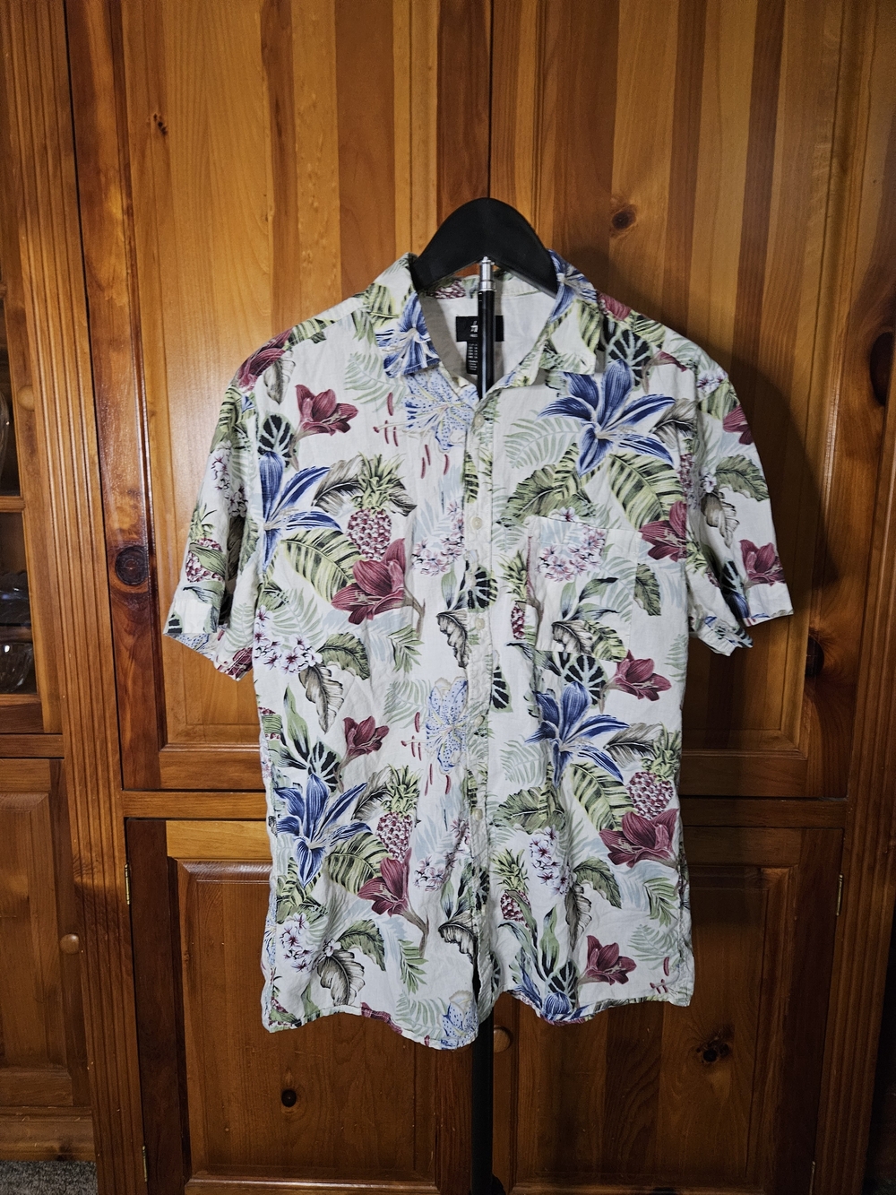 Men's Short-Sleeve Tropical Floral Shirt - Blue, Green & Burgundy